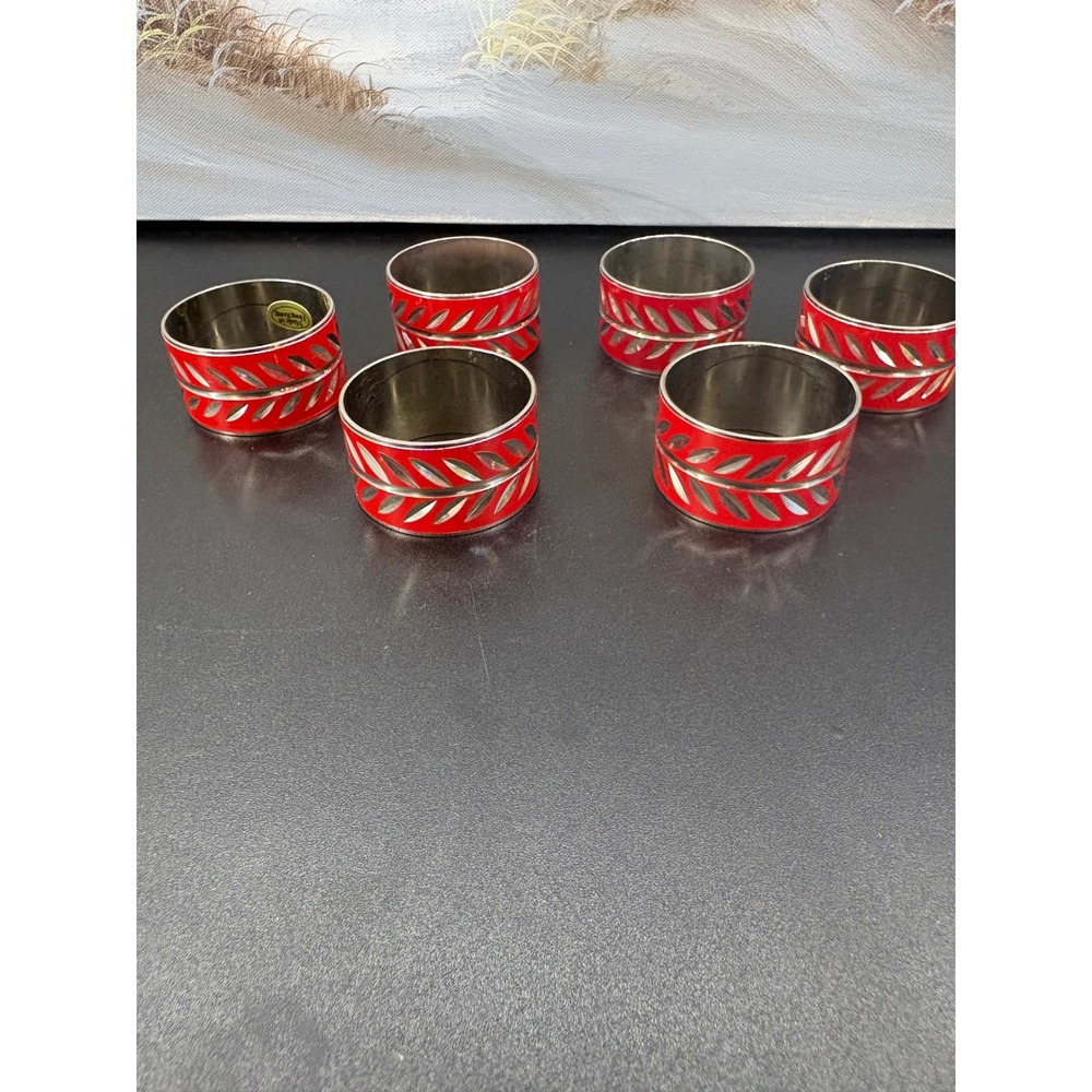 Vintage Red Enamel Silver Tone Metal Leaf Napkin Rings Set of 6 Hong Kong